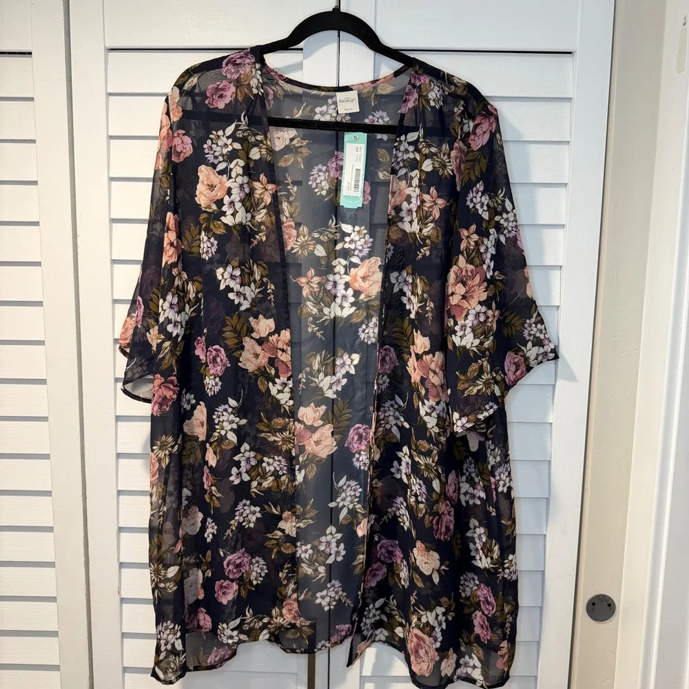 Kaileigh Tinkham Open Kimono Navy Floral Sheer Chiffon XXL Stitch‎ Fix Boho New